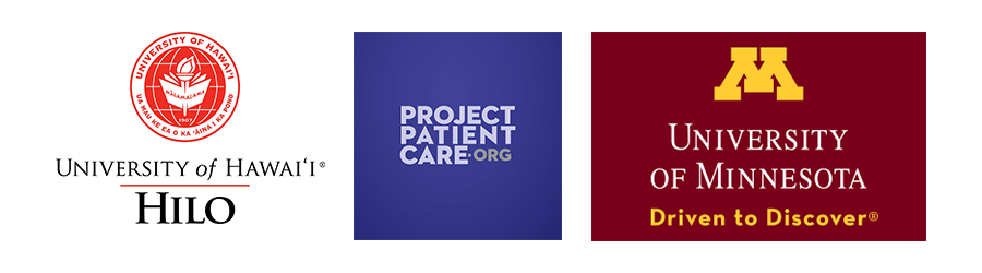 Logos for the University of Hawaii Hilo, Project Patient Care.org, and the University of Minnesota.
